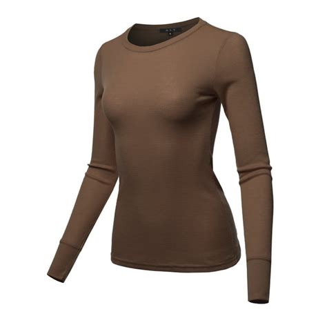 A2y A2y Womens Basic Solid Long Sleeve Crew Neck Fitted Thermal Top Shirt Light Brown S