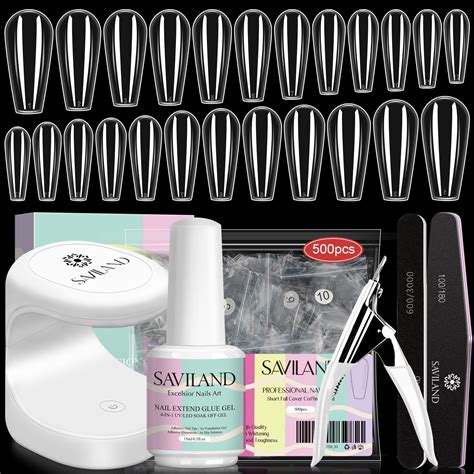 saviland nail tip and glue gel kit gel x nail kit with 500pcs clear fake medium coffin nails