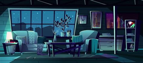 Cartoon Illustration Of Modern Living Room At Night Vector Free Download