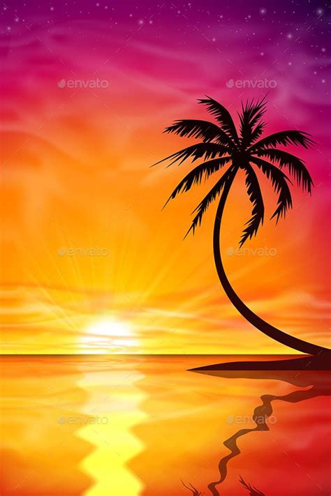 Sunset Sunrise With Palm Tree Sunset Painting Palm Tree Drawing