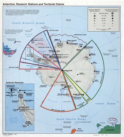 Large Scale Map Of The Antarctica Research Stations And Territorial