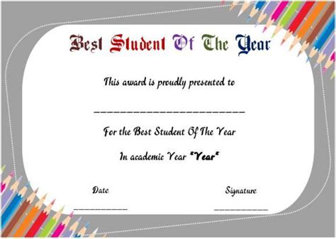 Best Student Of The Year Award Certificate Student Certificates