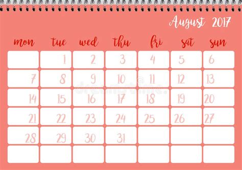 Desk Calendar Template For Month August Week Starts Monday Stock