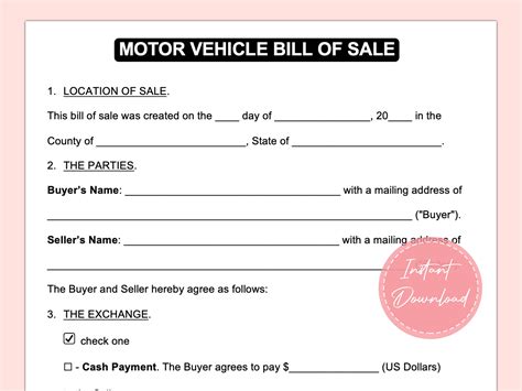 Bill Of Sale Bill Of Sale Form Bill Of Sale Template Instant Download