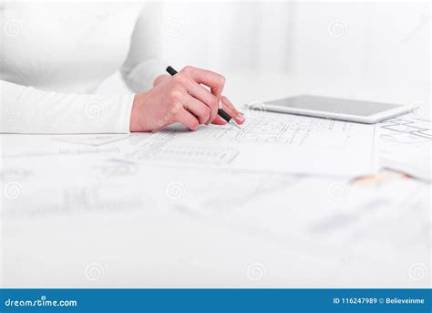 Engineer Works With Drawings Stock Image Image Of Compasses