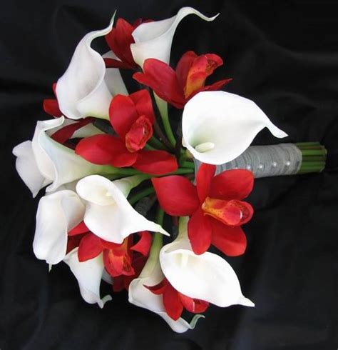 Vlovelife mix white red wedding bouquet bridal bridesmaid artificial glitter rose flower satin silk handmade posy rhinestone decor (white & red). Natural Touch Bouquet Red White Orchid Calla ...