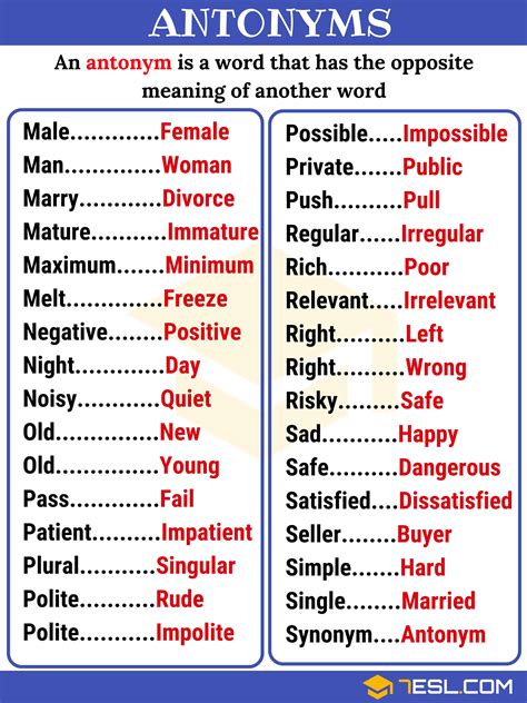 opposite words in english for class 1 with pictures várias classes