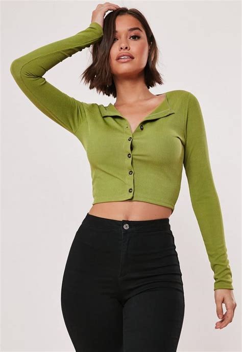 #fashion #crop top #fashion brand company. Green Rib Button Up Long Sleeve Crop Top | Missguided