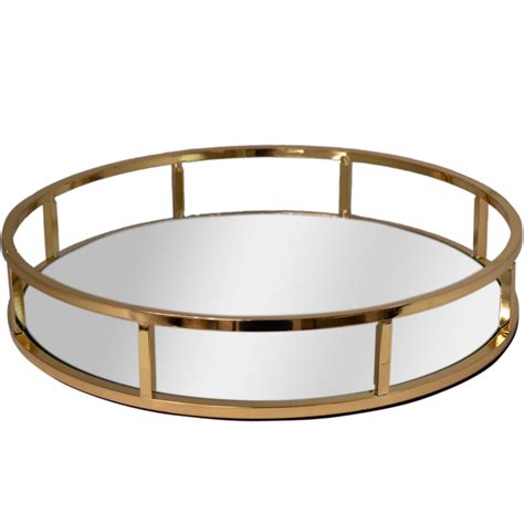 Gold Metal Round Shape Servingdressing Table Tray With Mirror Glass Ebay