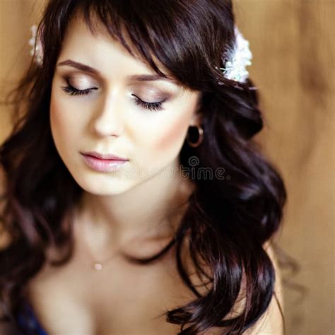 Portrait Of A Very Cute Sensual Beautiful Girls Brunette With Eyes Closed Close Up Stock Image