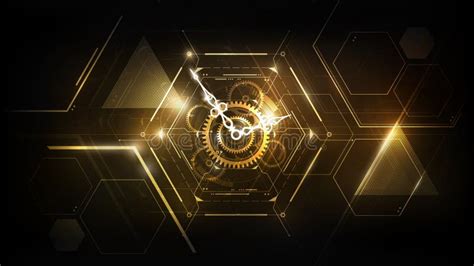 Golden Abstract Futuristic Technology Background With Clock Concept And