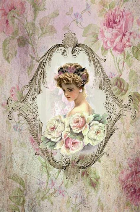 vintage shabby chic decoupage art image of victorian woman holding pink roses in lovely frame