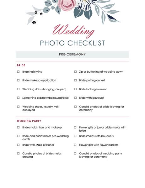 Paper Printable Photography Wedding Photo Checklist Pastel Colors