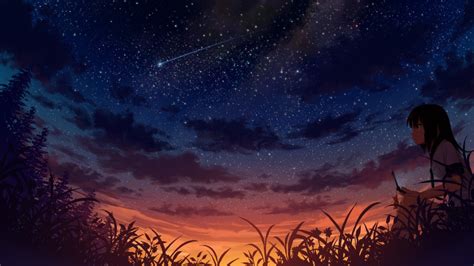 Anime Anime Girls Sky Stars Sunset Cellphone Hd Wallpapers