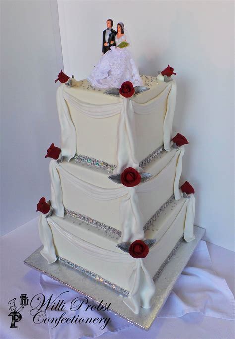 Three Tier Square Buttericing Wedding Cake With Fondant Swags Square