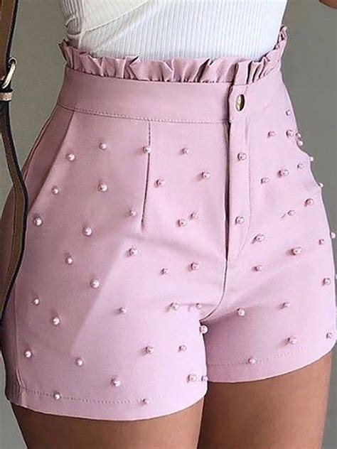 Pink Patchwork Studded Ruffle High Waisted Fashion Shorts Pant