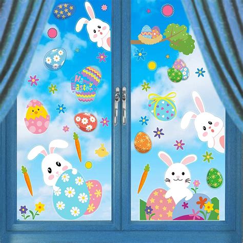 Veylin 80 Pieces Easter Window Clings Bunny Eggs Stickers For Kids