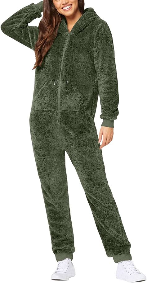 Wangtianxue Jumpsuit Damen Fleece Teddy Overall Einteiler Anzug Flauschig Schlafanzug Winter