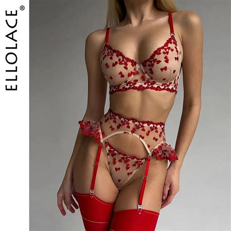 Ellolace Heart Sensual Lingerie Sheer Lace Embroidery Fancy Underwear 4 Piece Ruffle Sissy Intim