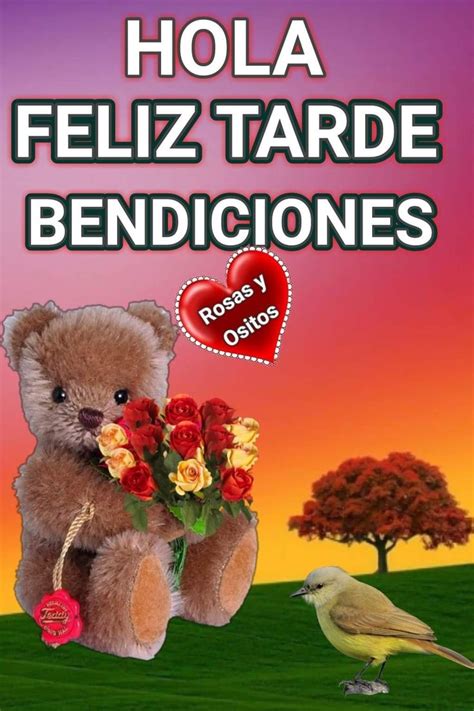 A Teddy Bear Holding Roses In Front Of A Bird And Tree With The Words