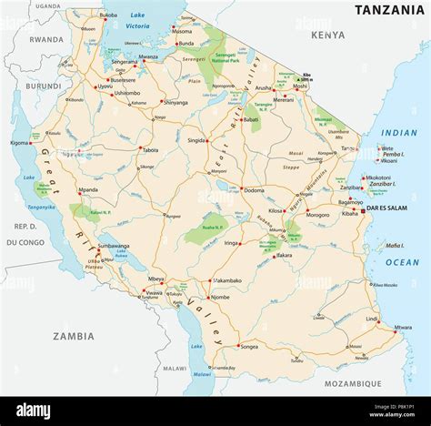 United Republic Of Tanzania Road Vector Map Stock Vector Image And Art