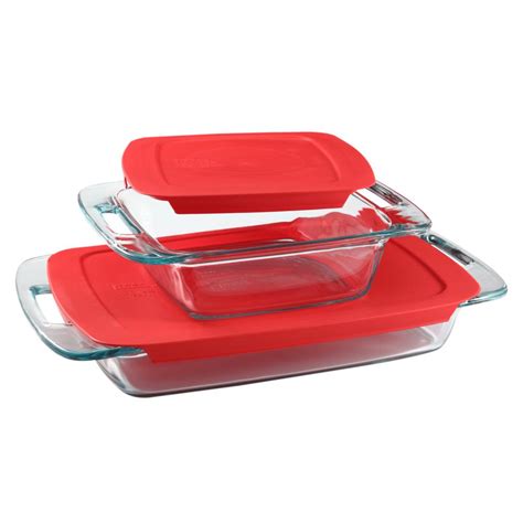 Pyrex Easy Grab 3 Qt And 8 In X 8 In 4 Piece Glass Bakeware Set With Red Lids 1091675 The