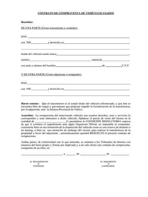 Contrato De Compraventa De Autos Para Imprimir Fill Online Printable