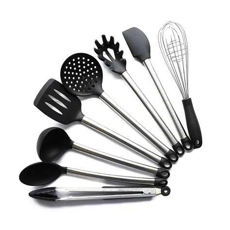8 Piece Kitchen Utensil Set Stainless Steel And Black Silicone Modern