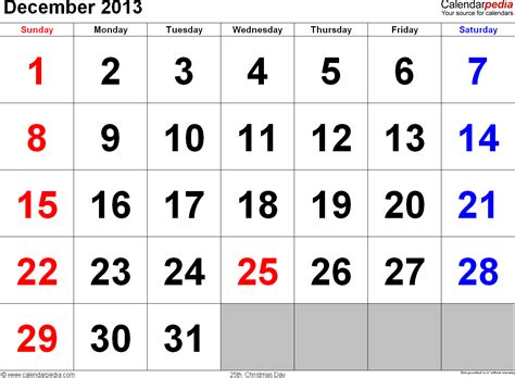 December 2013 Calendar Templates For Word Excel And Pdf