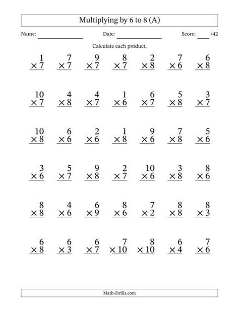 Multiplying 1 To 10 By 6 7 And 8 36 Questions Per Page A