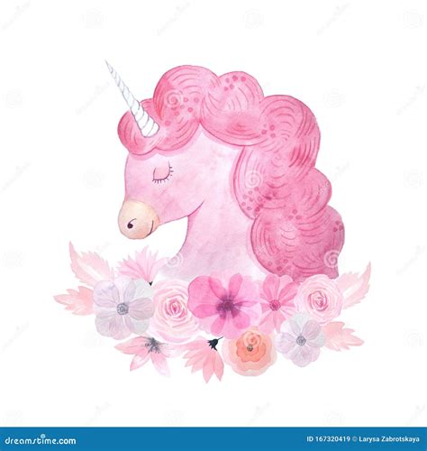 Watercolor Cute Set Of Unicorn And Pink Flowers Stock Illustration