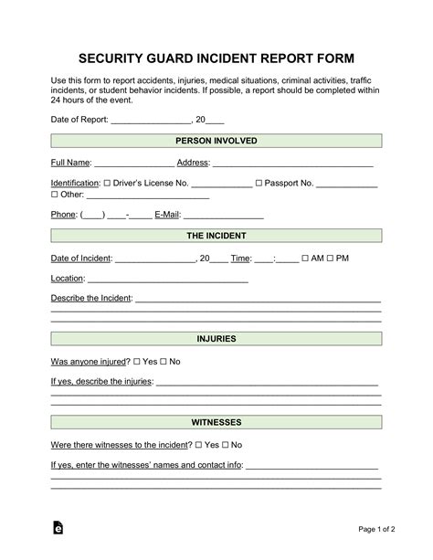 Free Security Guard Incident Report Template Pdf Word Eforms