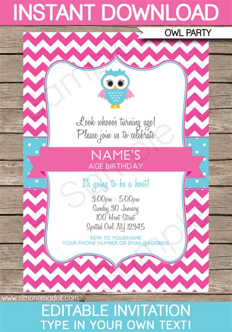 Another type of invitation template is that for christmas parties. Owl Party Invitations | Pink | Birthday Party | Template