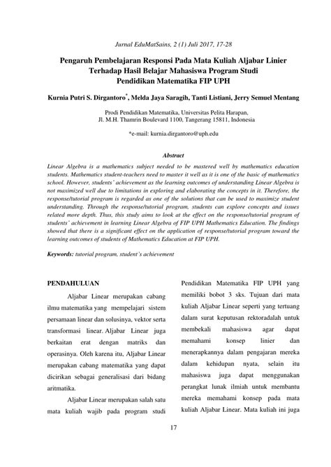 PDF Pengaruh Pembelajaran Responsi Pada Mata Kuliah Aljabar Linier