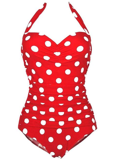 Red Halter Neck Polka Dot Print Swimwear Polka Dot Swimsuits Retro