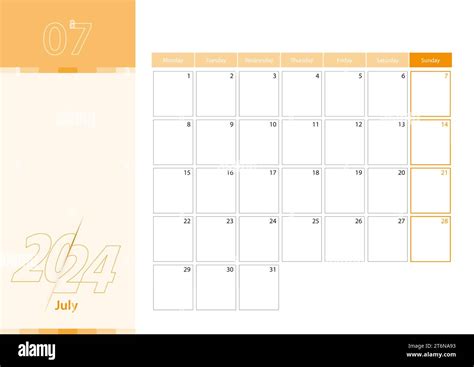 Horizontaler Planer Für Juli 2024 Im Farbschema Orange Die Woche