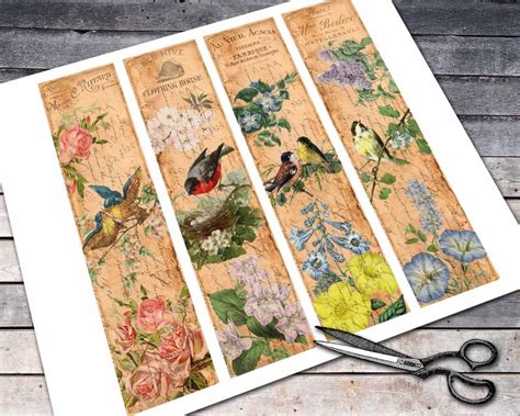 Shabby Birds And Flowers Bookmarks Digital Birds And Etsy