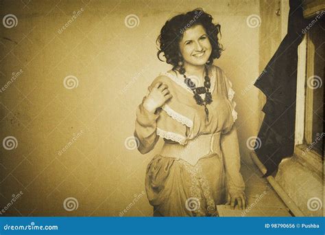 Photo Of Curly Brunette In Retro Style With Sepia Effect Stock Photo Image Of Pattern