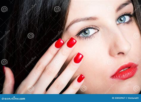 Beautiful Brunette With Red Nails Stock Image Image Of Cover Beauty 33853967