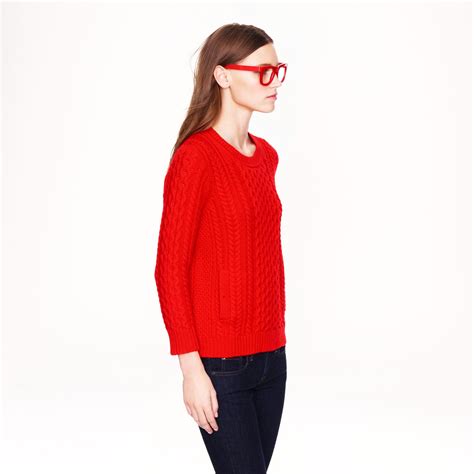 Lyst Jcrew Cable Knit Pocket Sweater In Red
