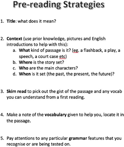 Pre Reading Strategies Information Sheet For Students Download