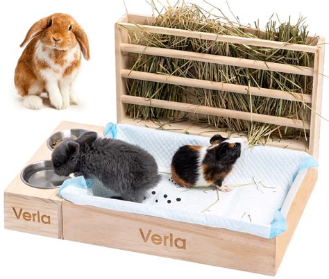 Rabbit Hay Feeder With Litter Box And Bowls 3 In 1 Wooden Feeder Toilet Combo Feeding Manger