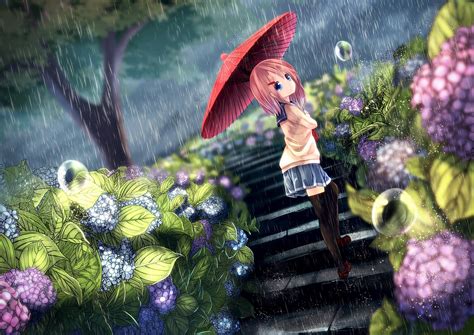 original characters women with umbrella women outdoors blue eyes anime anime girls flowers