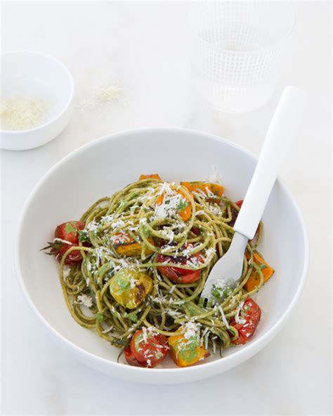 Basil And Walnut Pesto Spaghetti With Roast Tomatoes And Pumpkin Vegetarian