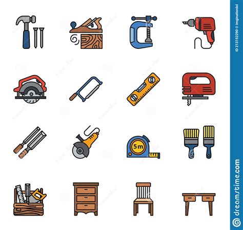 Carpenter Elements Or Woodworker Icon Set 2 Colored Thin Line Style
