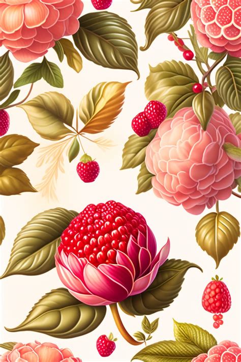 Lexica Gravure Illustration Pattern With Flowers Raspberries Pomegranate And Tea Close Shot
