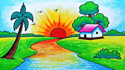 Drawing Of Natural Scenery Sunrise Free Download 61 Best Quality