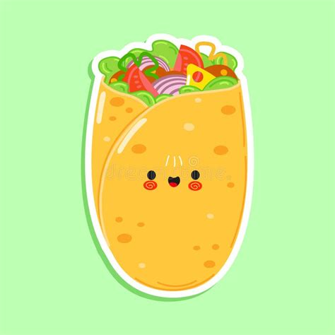 Cute Burrito Sticker Character Vector Hand Drawn Cartoon Kawaii