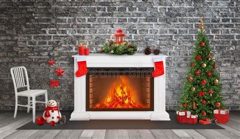 Decorated Fireplace And Christmas Tree Brick Wall In Background Stock