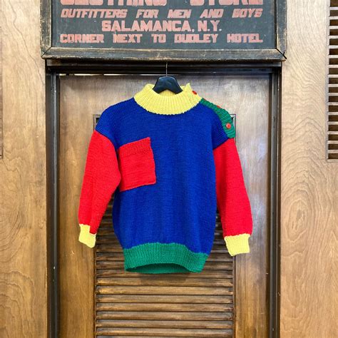 Vintage 1980s Hand Knit Color Block Sweater 80s Sweater Etsy